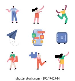 grupo de personas trabajar en equipo seis caracteres trabajadores y establecer iconos diseño de ilustración vectorial