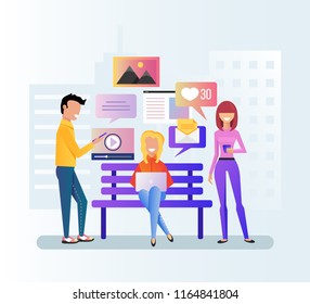 Group of people teen man and woman character discussion by internet laptop and smartphone. Online communication device digital modern technology social media network. Vector flat cartoon isolated