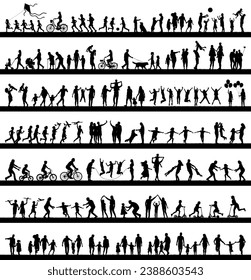 Group people teens adults seniors and kids having fun outdoor activities vector black silhouette set.