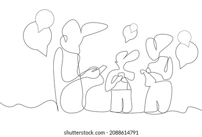 group of people texting with telophone and message balloon icons standing above them