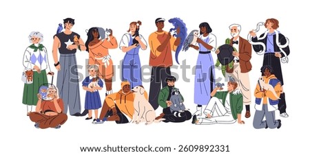 Group of people with their cute pets. Owners holds snakes, parrots, ferrets, sit on floor with dogs, cats, raccoons. Characters care, love domestic animals. Flat isolated vector illustration on white.