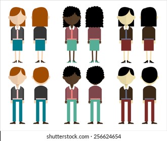 Group Of People In Three Different Skin Colors. Front And Back View.