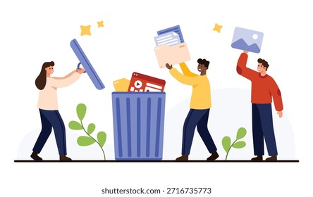Grupo de personas que arrojan documentos, Imágenes y archivos multimedia a una papelera que simboliza la eliminación de archivos, la limpieza de datos y la organización digital aislada en la Ilustración vectorial de fondo blanco
