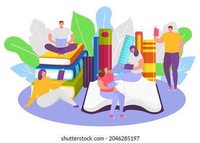 Group of people tiny character read book obtain knowledge, male and female sitting textbook stack flat vector illustration, isolated on white background.