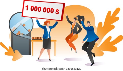 Group people together celebrate winning big jackpot lottery, female male jump hand up flat vector illustration, isolated on white. Television host hold million dollar cheque, tv raffle show.