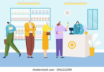 Group people together stand line queue buy drug, medical pharmacy showcase store, cash register shop drugstore flat vector illustration.