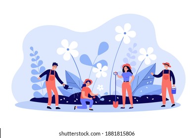 Group of people with tools working in garden. Gardeners planting and watering flowers in spring. Vector illustration for working outdoors, gardening job, springtime concepts