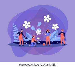 Group of people with tools working in garden. Gardeners planting and watering flowers in spring. Vector illustration for working outdoors, gardening job, springtime concepts