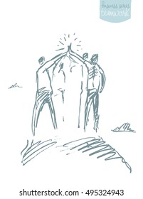 Group Of People At The Top Of A Hill Holding Hands. Teamwork Concept. Vector Illustration, Sketch