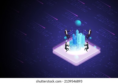 Group People Touching City On Purple Background In A Virtual World Experience Metaverse, The Limitless Virtual Reality Technology. Isometric Vector Illustration.