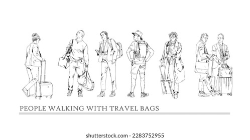Group of people, tourists with travel bags. Sketch. Collection of silhouettes for project. 