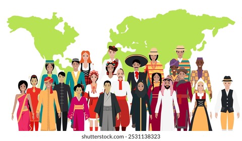 Grupo de pessoas usando trajes tradicionais diante de um mapa mundial representando a diversidade cultural global. Pela diversidade cultural, unidade global, tradição, multiculturalismo, representação cultural, mundo