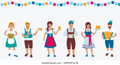 A group of people in traditional German costumes celebrate Oktoberfest. Lederhosen and Dirndl. A man in a green hat with a feather plays the accordion. Beer, sausage, pretzel.