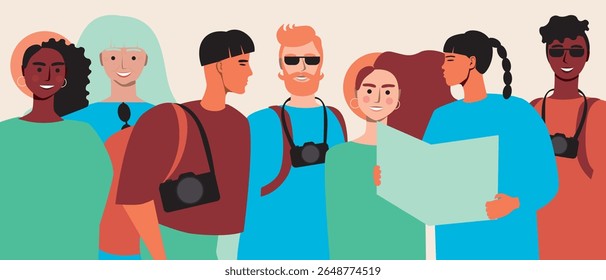 Group of people traveling together, flat vector stock illustration with people tourists for sstkTravel