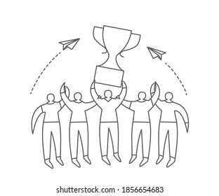 Group of people with trophy cup in line style. Business, teamwork, success, help and goal concept.
