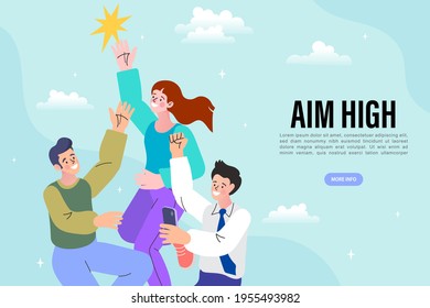 Group of people try to reach goals and aim high. Business targeting leadership successful business concept. Vector flat cartoon design graphic illustration.