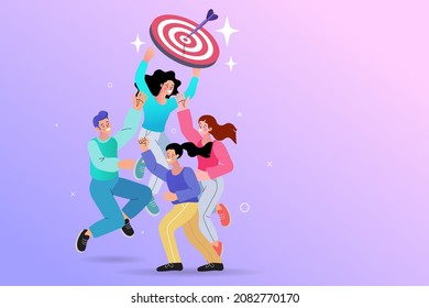 Group Of People Try To Reach Goals And Aim High. Business Teamwork Winner Concept. Celebrate Team Victories Concept Of Success And Achievement. Vector Flat Cartoon Design Graphic Illustration.