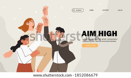 Group of people try to reach goals and aim high. Individuals or employees competing for better job position, leadership or coworkers for the same promotion. Banner with coworkers target aspiration.