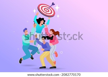 Group of people try to reach goals and aim high. Business teamwork winner concept. celebrate team victories Concept of success and achievement. Vector flat cartoon design graphic illustration.