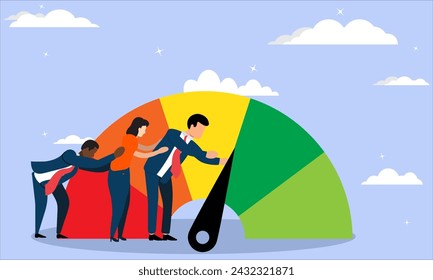 Group of people trying to improve a credit score by pushing the needle, Personal finance affordability concept