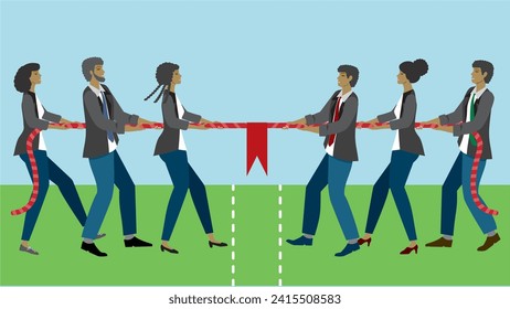 Group of people in tug of war competition. Dimension 16:9. Vector illustration.