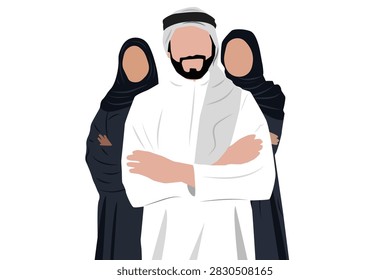 A group of people, two beautiful and elegant women and a young, immature man in the front, wearing traditional dress, from Saudi Arabia, Qatar, the United Arab Emirates, Bahrain, Kuwait, and Oman; a businesswoman; an Arab woman; a businessman; isolated.