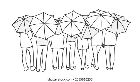 Group of people with umbrellas stand in a row. The concept of the arrival of autumn. Hand drawn vector illustration. Black and white.