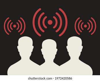 Group Of People Under Radio Waves, Wifi, Cellular. Human Sillhouettes, Radio Waves Signals Danger. Abstract Vector.