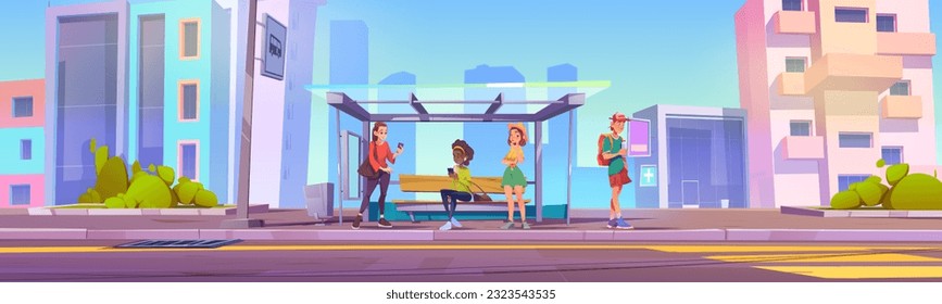 Group of people at urban bus stop. Vector cartoon illustration of young man and women waiting public transport with gadgets in hands, glass shelter with wooden bench against city buildings background