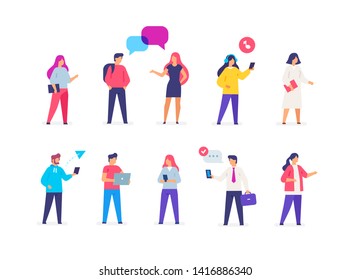 Gente de grupo usa gadgets. conjunto de iconos, ilustración. Smartphones tabletas interfaz usuario medios sociales.Iconos de ilustración plana infografías. Afiche de impresión del sitio de destino. Vector Eps.