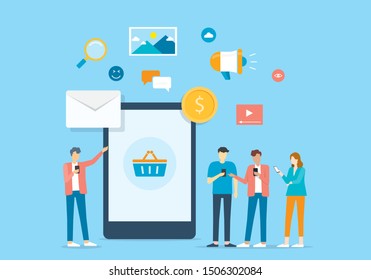 Group people use mobile application connection to business concept
