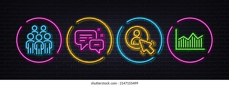 Group people, User and Employees messenger minimal line icons. Neon laser 3d lights. Money diagram icons. For web, application, printing. Business meeting, Project manager, Speech bubble. Vector