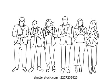 Group of people using cell phones. Global village technology. Continuous line art of people lost in their phones. Mobile technology and social media. Addiction to new technology trends. Communication.