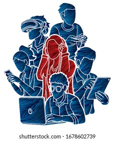 Group of People using digital devices cartoon graphic vector