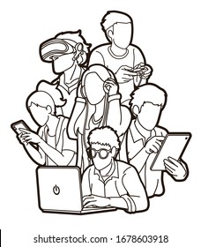 Group of People using digital devices cartoon graphic vector