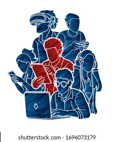 Group of People using digital devices cartoon graphic vector