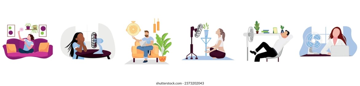 Group of people using electric fans on white background