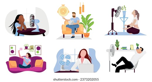 Group of people using electric fans on white background