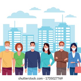 group of people using face mask for corona virus on the city vector illustration design