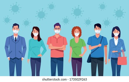 group of people using face mask for corona virus vector illustration design