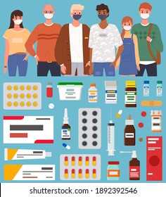 Group of people is using a mask. Cartoon characters are near a set of medicines and pills for coronavirus. Various tubes and tablets for treatment, coronavirus, quarantine, self-isolation, pandemic