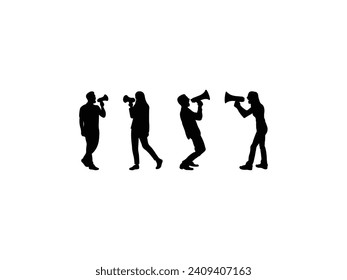 Group of People Using Megaphone silhouette isolated on white background. Vector Illustration