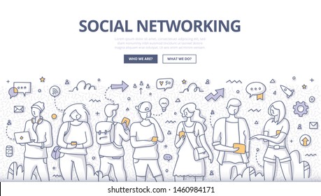 Group of people using mobile devices in social networking and for communication. Young people addiction to modern technology trends. Doodle illustration for web banners, hero images, printed materials