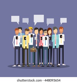 group people using mobile for working , business team meeting and  communication concept
flat vector cartoon character