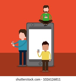 group of people using smartphone and big mobile phone