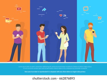 Group of people using smartphone concept vector illustration. Flat design of guys and woman standing together and reposting trends in social networks, reading news and publishing images for likes.