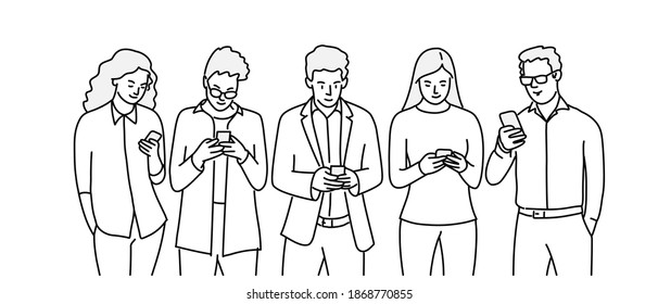 Group of people using smartphone. Hand drawn vector illustration.