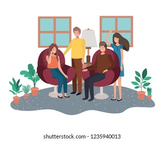 group of people using smartphone in livingroom