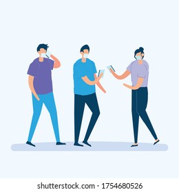 Group of people using smartphone and wearing medical mask to against covid-19. Concept of social media and corona virus.