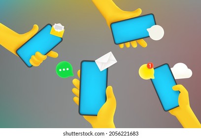 Group of people using smartphones. Communication concept. Comic 3d style vector illustration